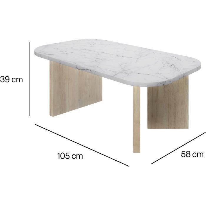 Oval coffee table - QUARTZ - White marble effect - Thick oak legs - 105 x 58 x 39 cm - DIAGONE