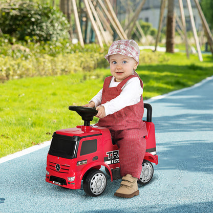 HOMCOM Rutscherfahrzeug Rutscherauto Babyrutscher Kinderfahrzeug lizenziert von Mercedes ANTOS-LKW-Stil mit Licht für Kinder von 12 bis 36 Monaten Metall PP-Kunststoff Rot+Schwarz 62,5x28,5x45cm