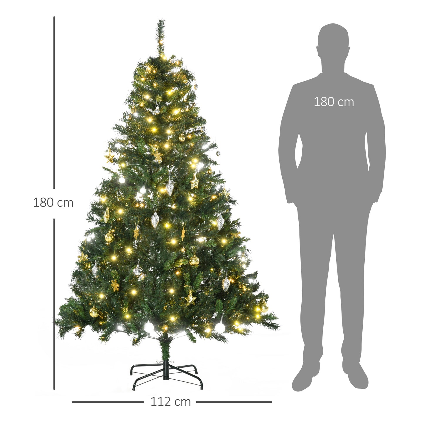 HOMCOM Künstlicher Weihnachtsbaum 180 cm künstlich Tannenbaum mit LED Beleuchtung, Kugeln, Christbaum mit 745 Spitzen, Weihnachtsdeko inkl. Metallständer für Drinnen