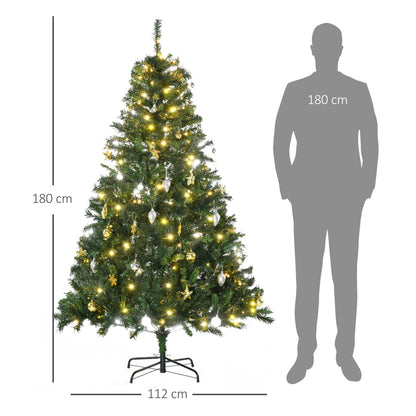 HOMCOM Künstlicher Weihnachtsbaum 180 cm künstlich Tannenbaum mit LED Beleuchtung, Kugeln, Christbaum mit 745 Spitzen, Weihnachtsdeko inkl. Metallständer für Drinnen