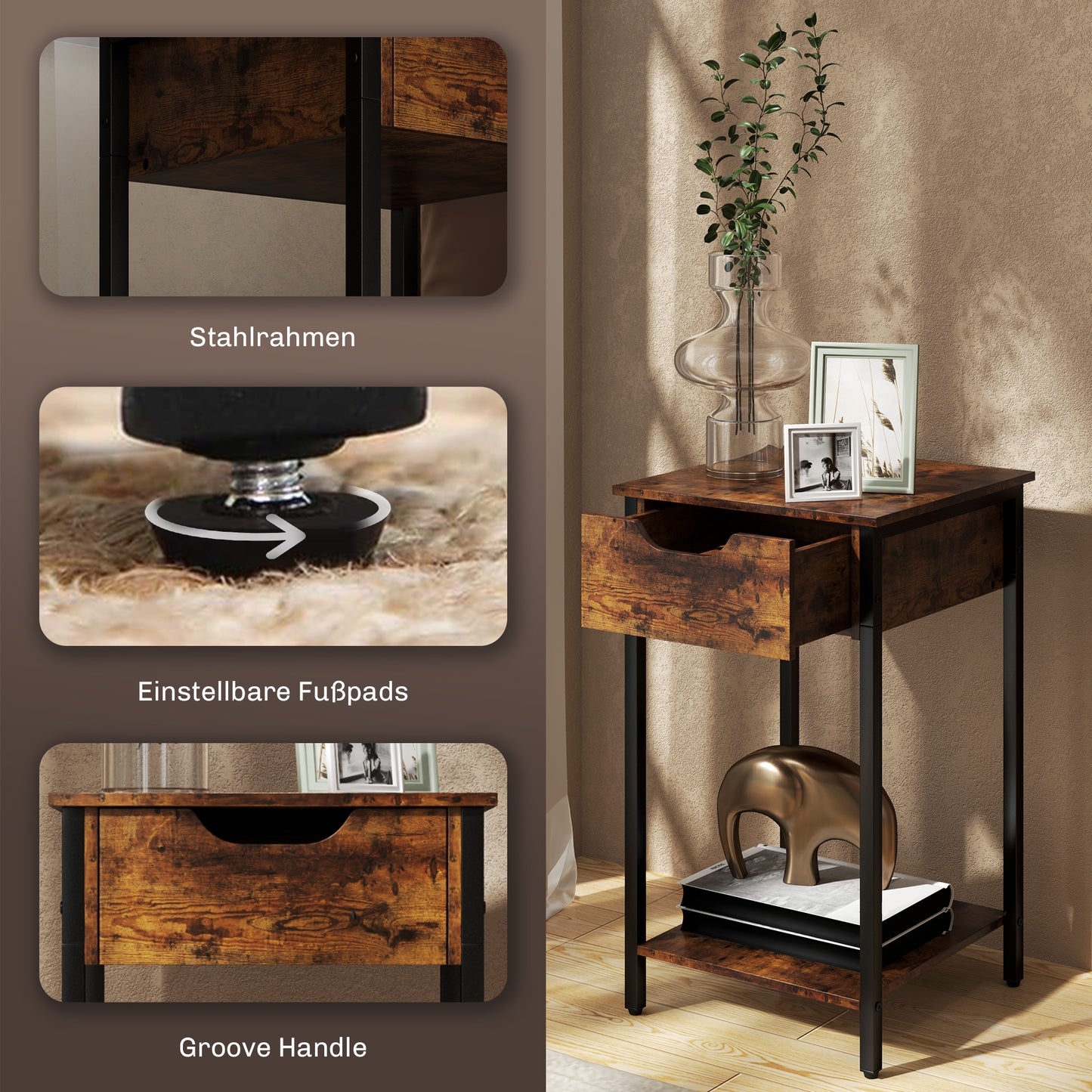 HOMCOM Beistelltisch im Industriestil, Schublade, Ablagefach, Metallrahmen, Holz, 40 x 40 x 68 cm, Braun