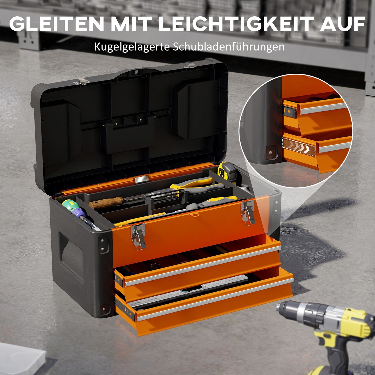 HOMCOM Werkzeugkiste leer, 49,7 x 25,3 x 28,9 cm Werkzeugkasten mit Schublade, Mini-Box Stahl Orange