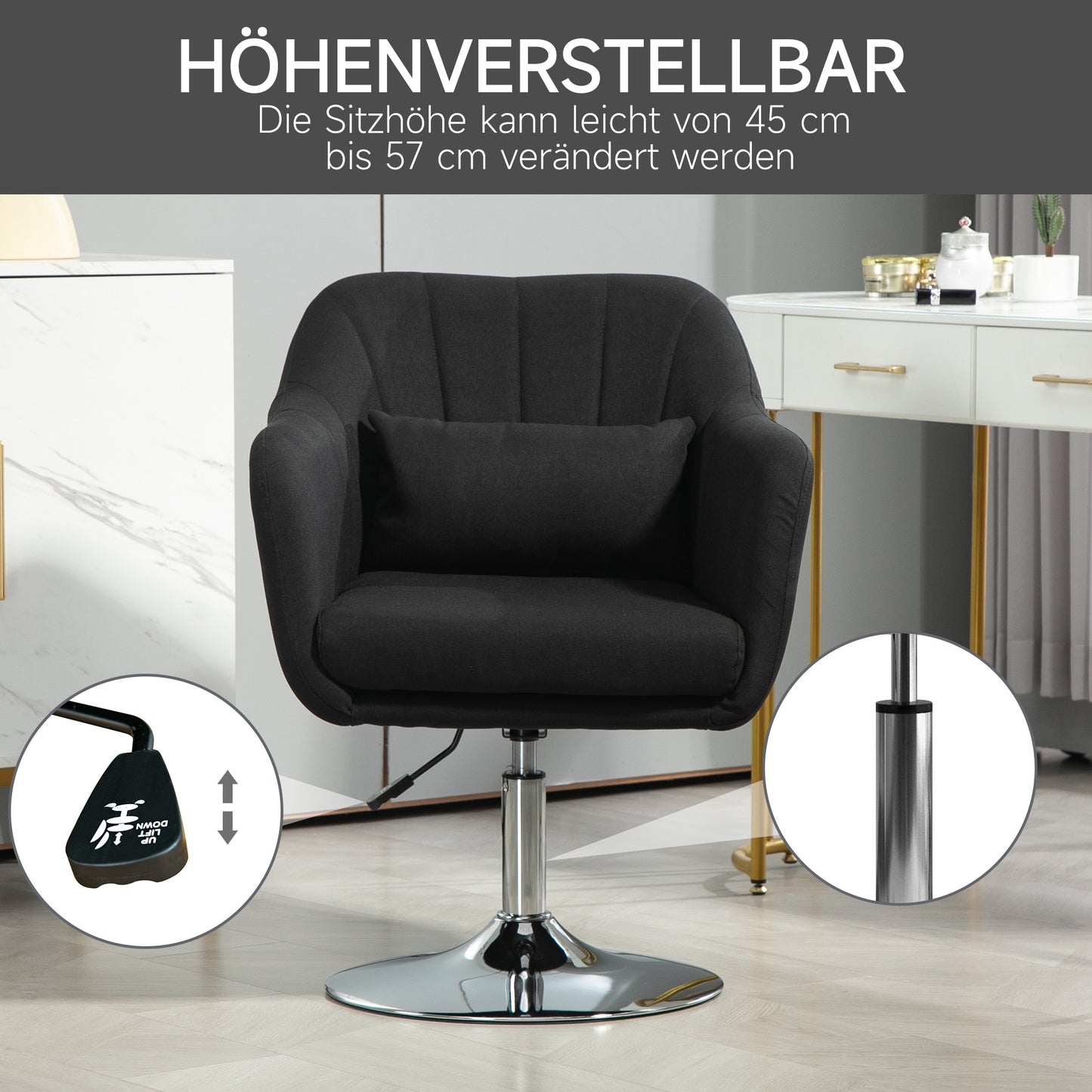 HOMCOM Drehstuhl, höhenverstellbarer Bürostuhl, leinenartiges Polyester, Metall, 60 x 60 x 79-91 cm, Schwarz