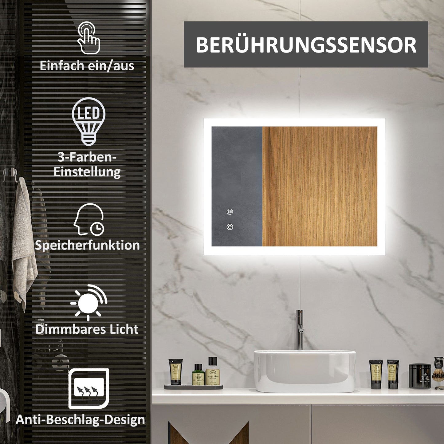 kleankin LED Badezimmerspiegel, Hintergrundbeleuchtung, Touch-Funktion, Memory-Funktion, kein Beschlagen, 80 x 60 cm