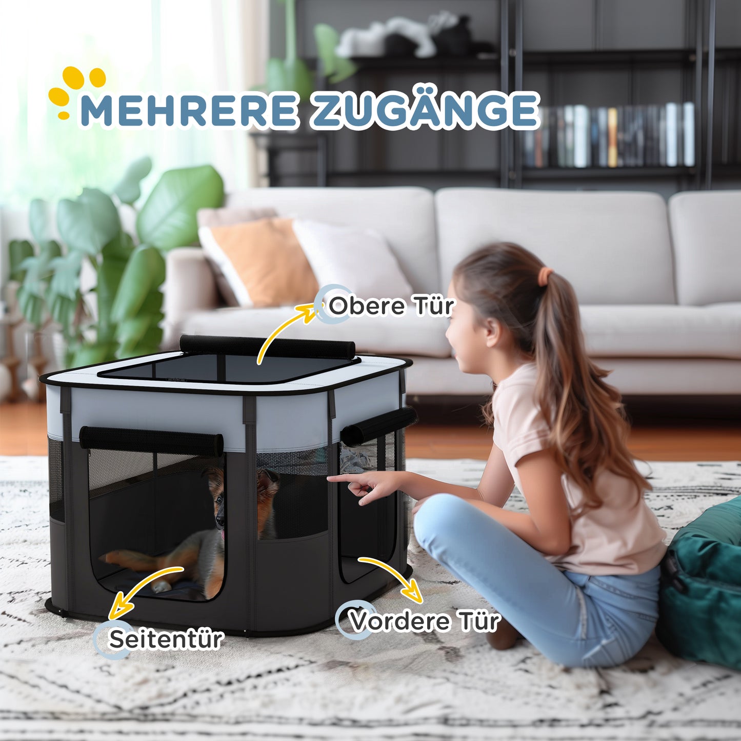 PawHut Spielgehege für Haustiere, faltbar, mit Aufbewahrungstasche, für Welpen und Kätzchen, drinnen und draußen, Grau
