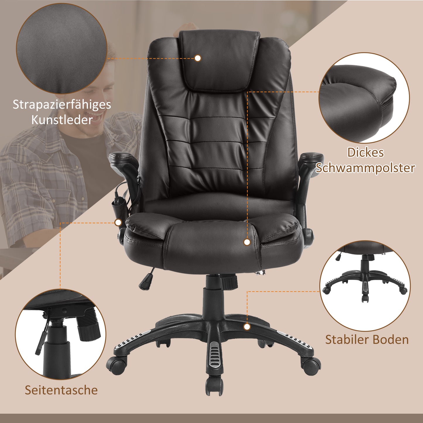 HOMCOM Bürostuhl mit Massagefunktion Ergonomischer Chefsessel mit Heizfunktion, Liegefunktion, Wippfunktion, Höhenverstellbar 360° Drehbar Schreibtischstuhl, Kunstleder, Braun