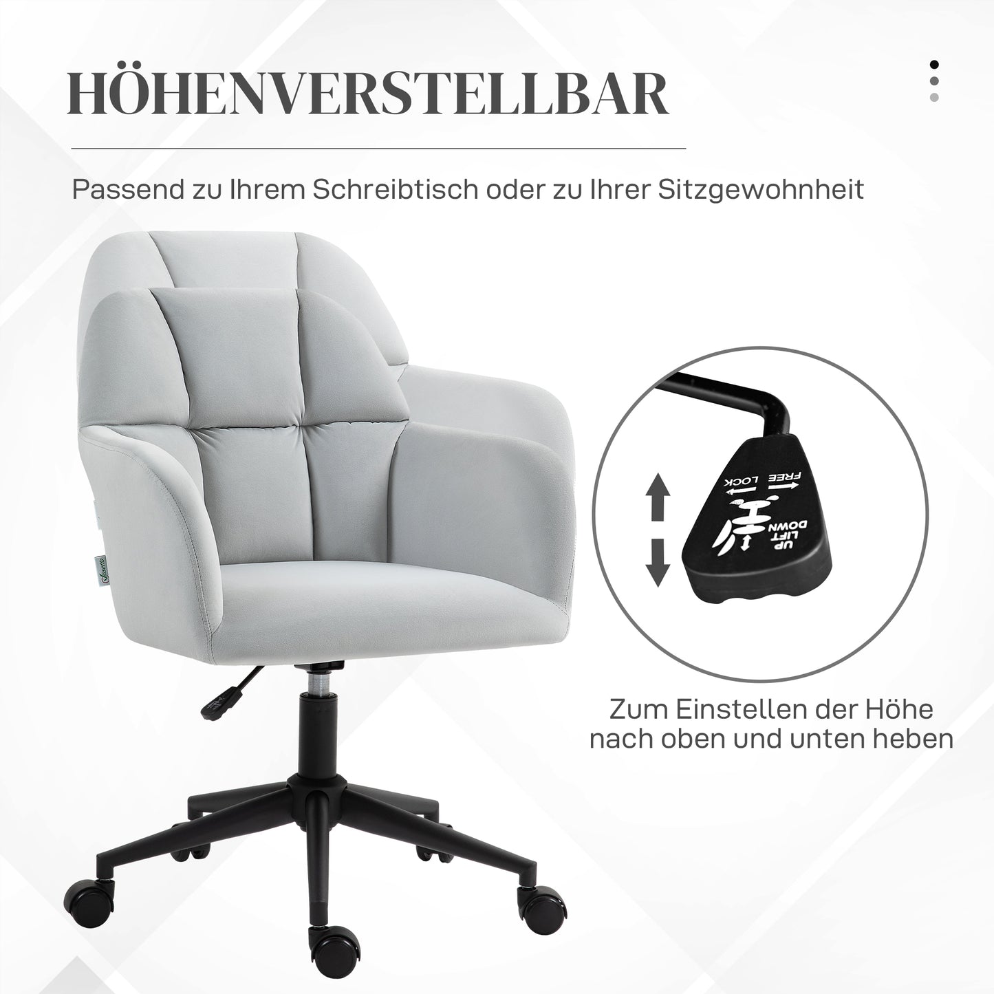 Vinsetto Bürostuhl, ergonomisk, höhenverstellbar, drehbar, Samtoptik, bis 120 kg, Hellgrau