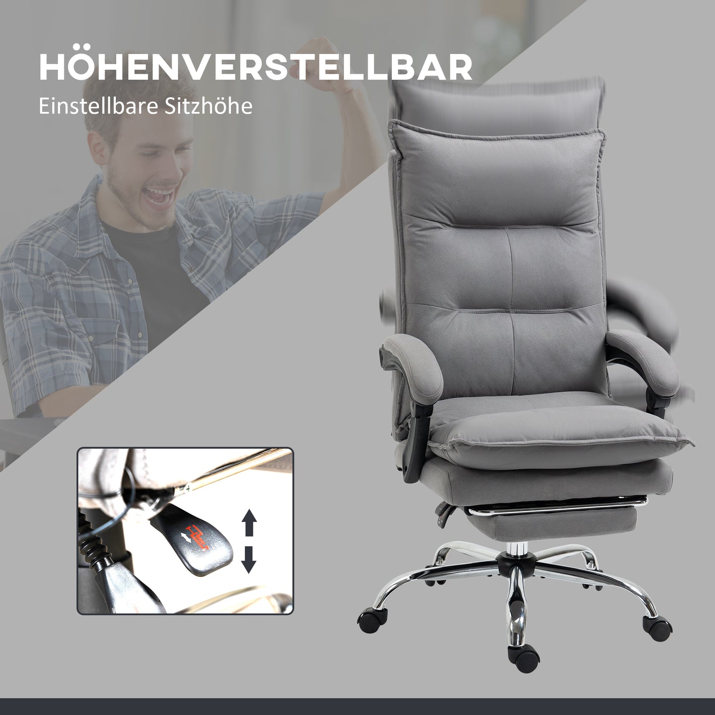 Vinsetto Bürostuhl mit Massagefunktion, Heizfunktion, Fernbedienung, ausfahrbare Fußstütze, neigbar, grau