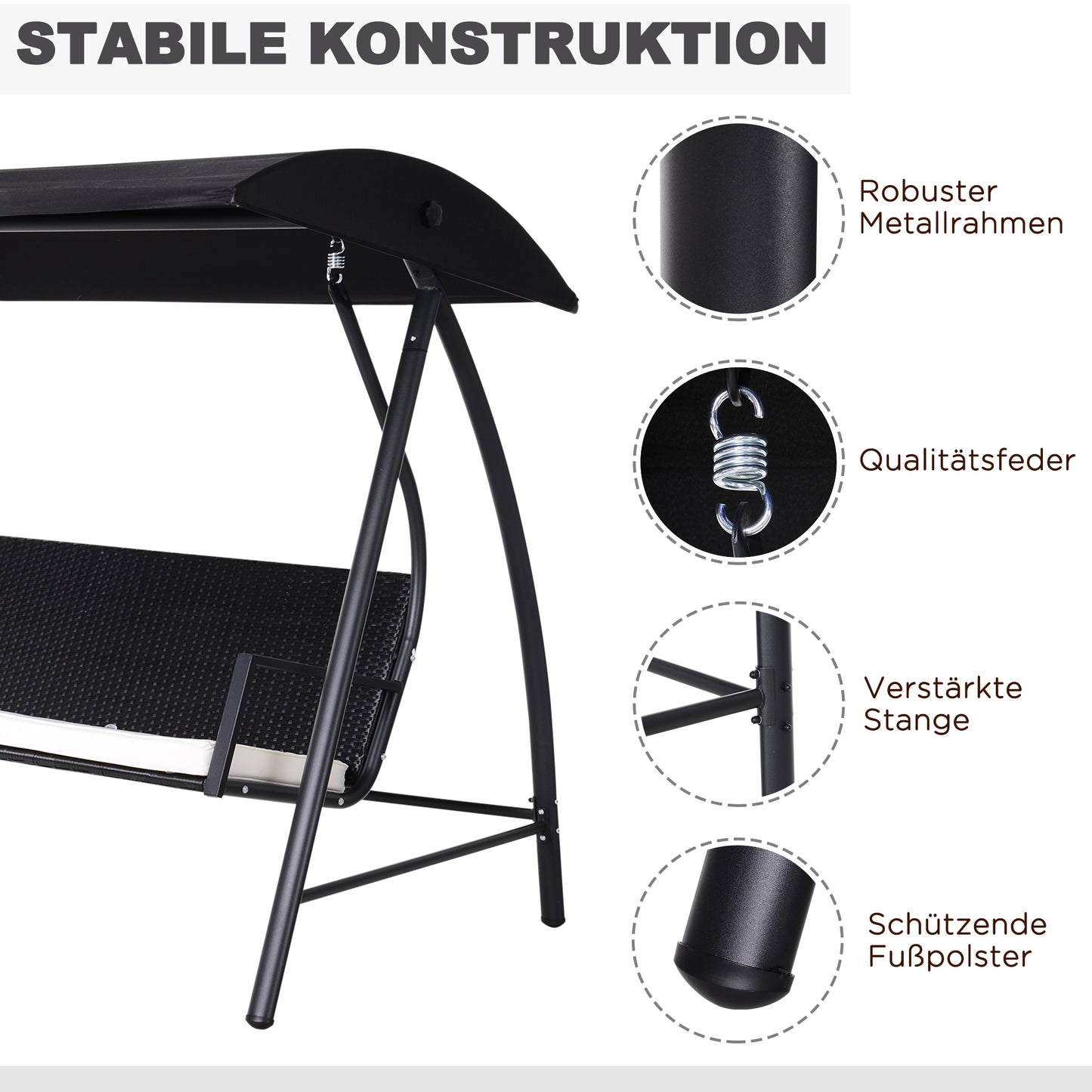 Outsunny Hollywoodschaukel 3-Sitzer aus Polyrattan Gartenschaukel mit verstellbar Sonnendach Sonnenschutz Sitzkissen Hängebank bis 360 kg belastbar Hängeschaukel für Garten 198x124x179cm Schwarz