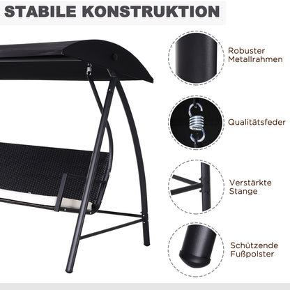 Outsunny Hollywoodschaukel 3-Sitzer aus Polyrattan Gartenschaukel mit verstellbar Sonnendach Sonnenschutz Sitzkissen Hängebank bis 360 kg belastbar Hängeschaukel für Garten 198x124x179cm Schwarz