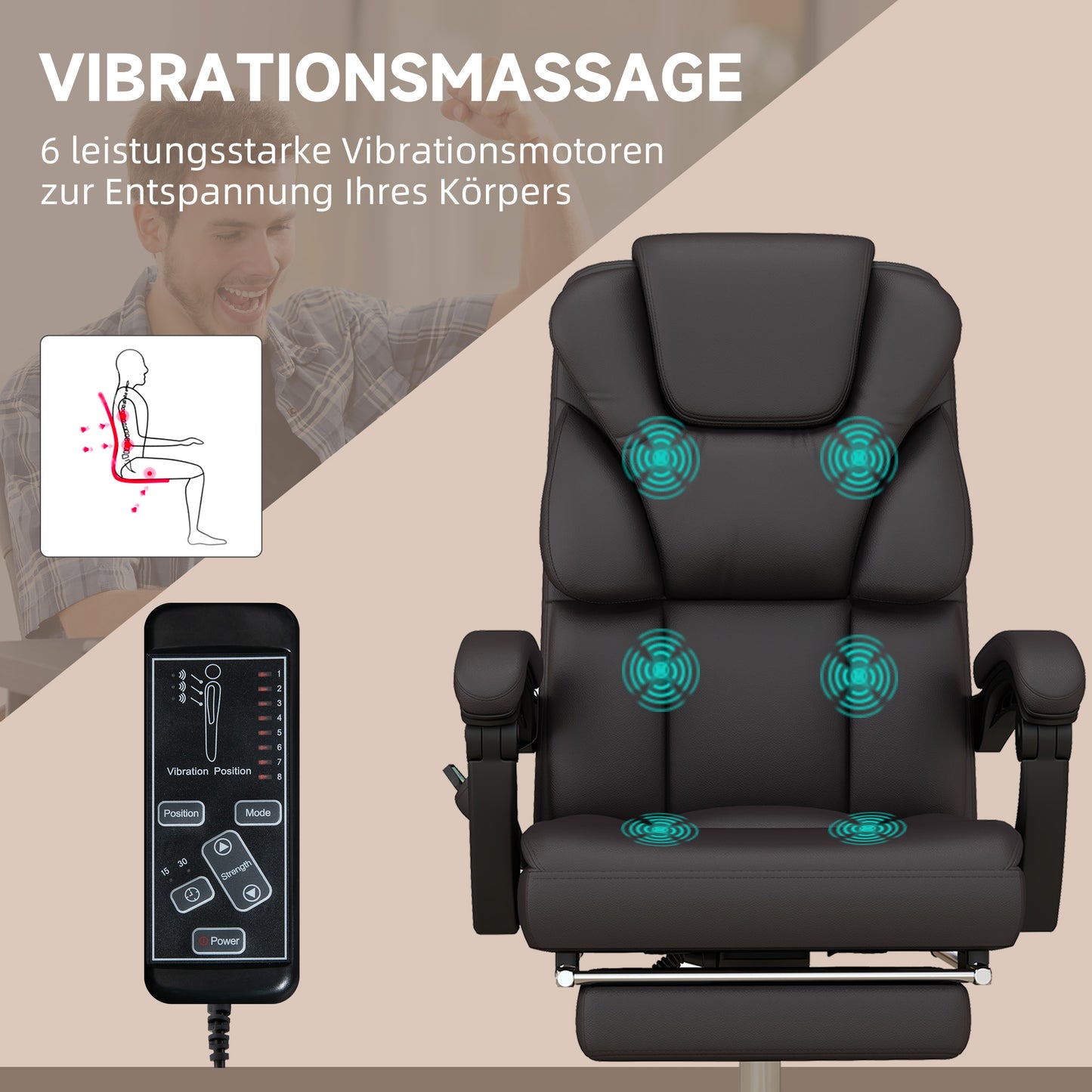 Vinsetto Bürostuhl med Massagefunktion, ergonomisk, liggfähig, 63x57x118, Braun