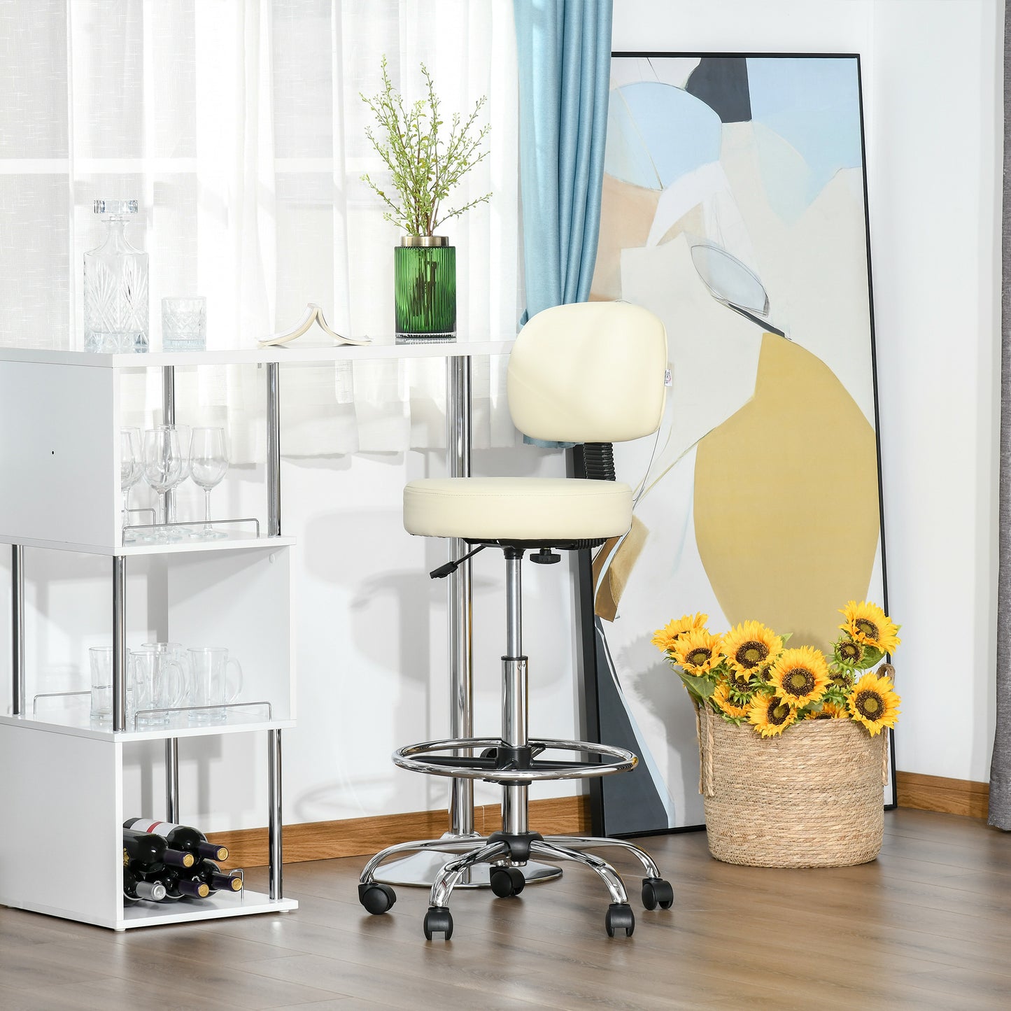 HOMCOM Barhocker Drehstuhl Höheverstellbarer Barstuhl mit Rollen aus Kunstleder-Leder Arbeitshocker Bürohocker 360° schwenkbar mit Lehne Gepolstertet Beige 56 x 57 x 104-127 cm