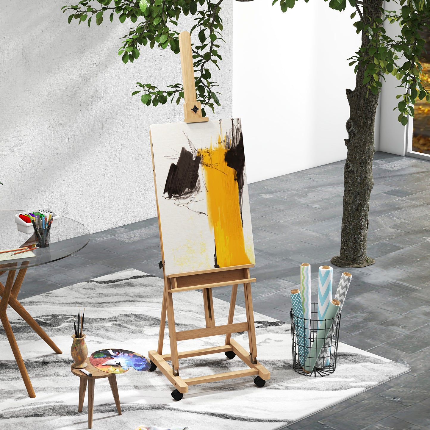 Vinsetto Staffelei, Künstlerstaffelei, Höhenverstellbar, 4 Rollen, Natur + Schwarz