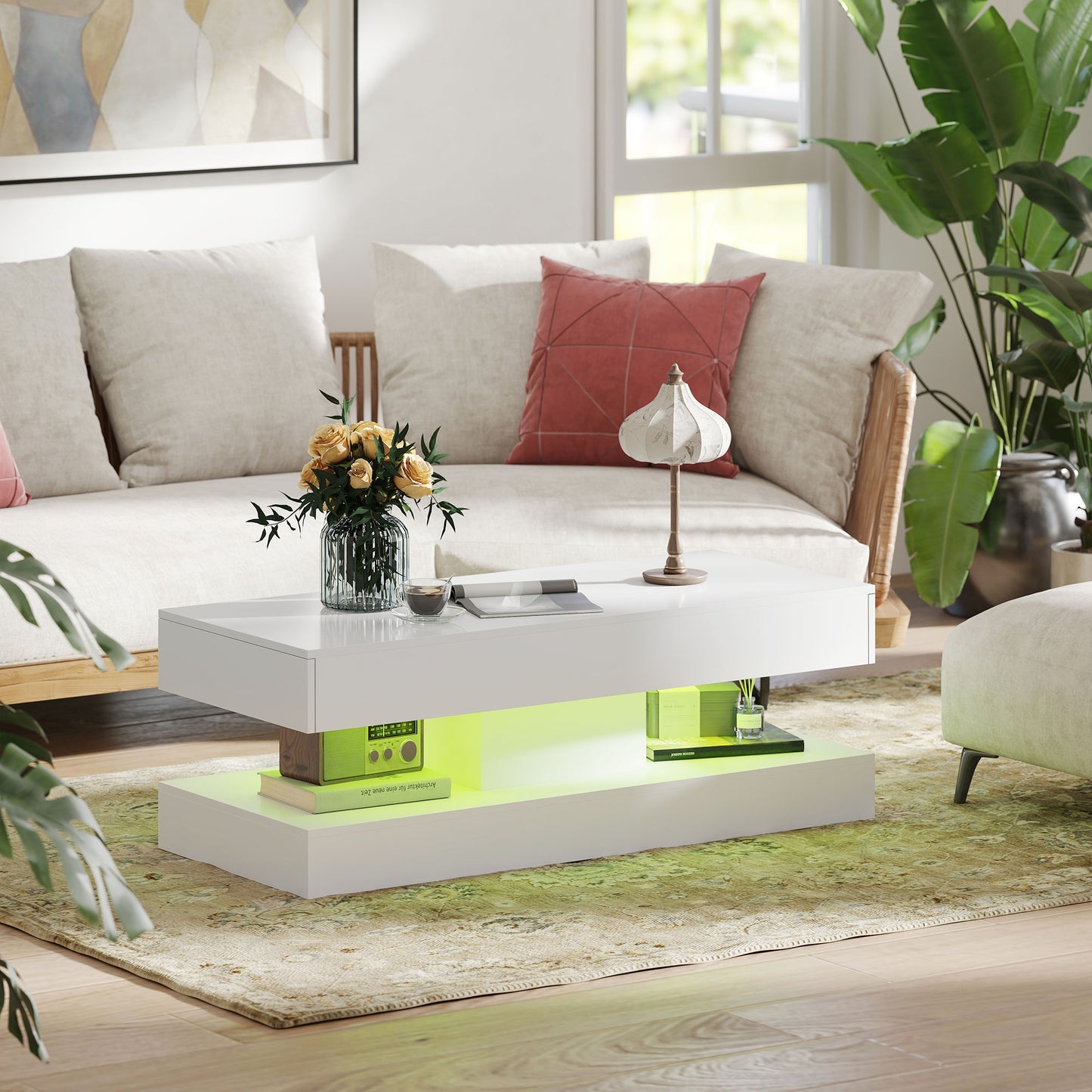 HOMCOM Wohnzimmertisch mit Schubladen und LED-Lichtern, moderner Sofatisch mit offener Ablage, Couchtisch, Spanplatte, Weiß