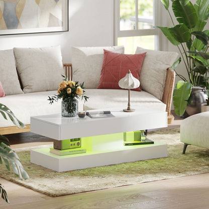 HOMCOM Wohnzimmertisch mit Schubladen und LED-Lichtern, moderner Sofatisch mit offener Ablage, Couchtisch, Spanplatte, Weiß