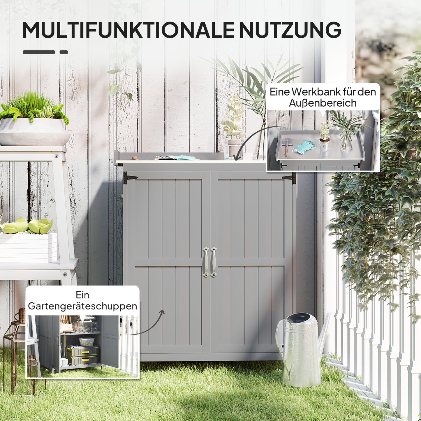 Outsunny Gartenschrank, Werkzeugschrank für den Außenbereich, mit Arbeitsfläche, Holz und Edelstahl, Doppeltüren, Grau