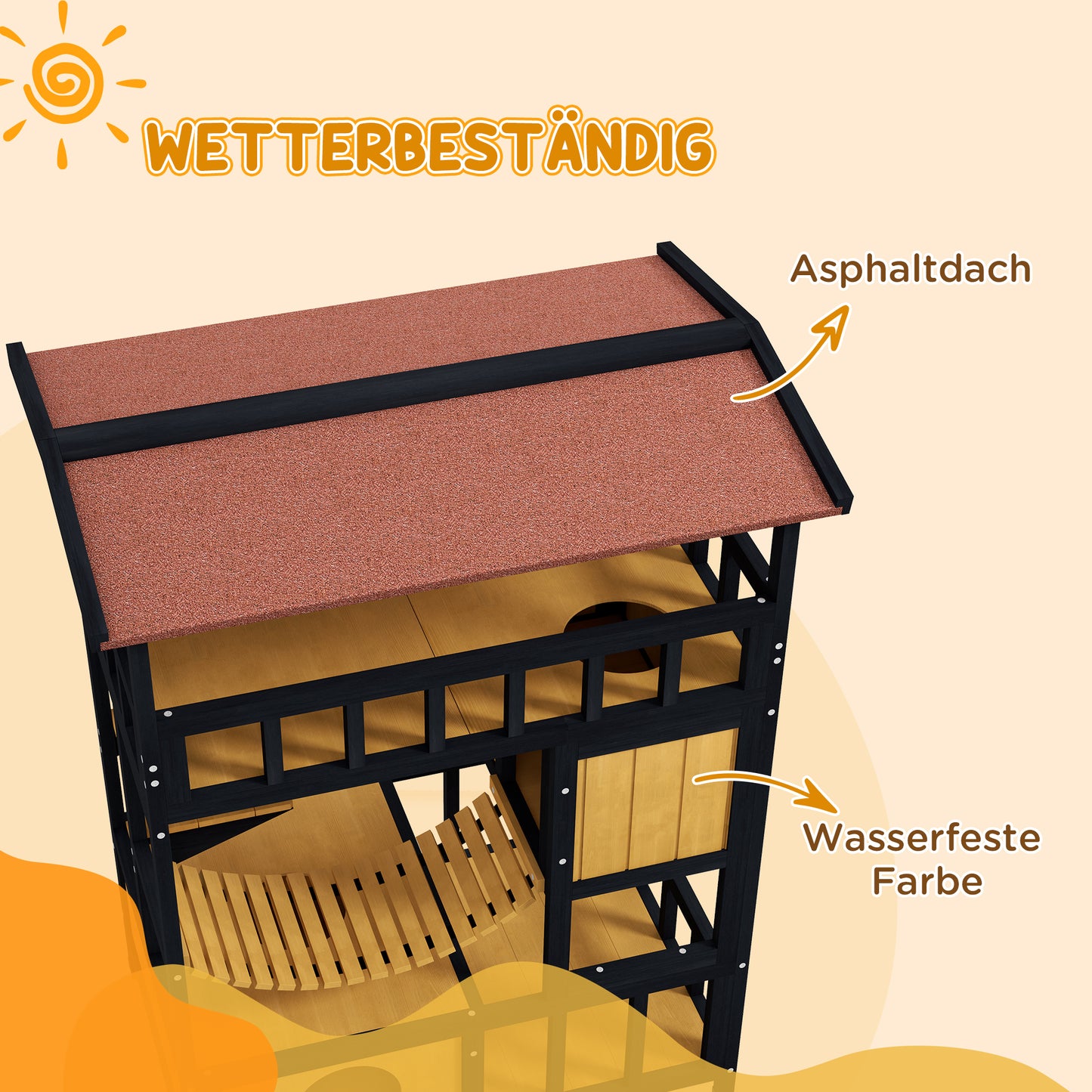 PawHut Katzenhaus, Katzenparadies mit Plattformen, Hängebrücke und Katzenhöhlen, für bis zu 2 Katzen geeignet, Holz