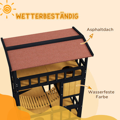 PawHut Katzenhaus, Katzenparadies mit Plattformen, Hängebrücke und Katzenhöhlen, für bis zu 2 Katzen geeignet, Holz