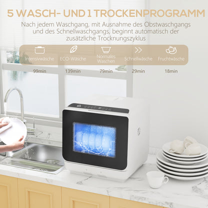 HOMCOM Tischgeschirrspüler, Mini-Geschirrspüler mit 6-Liter-Tank, 5 Programme, LED-Anzeige, Trocknungsfunktion, Weiß