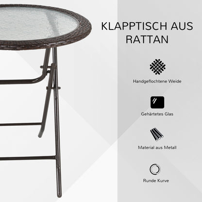 Outsunny Gartentisch, klappbar, Hartglastischplatte, Stahlrahmen, Rattan-Dekor, braun, 68 x 68 x 73 cm