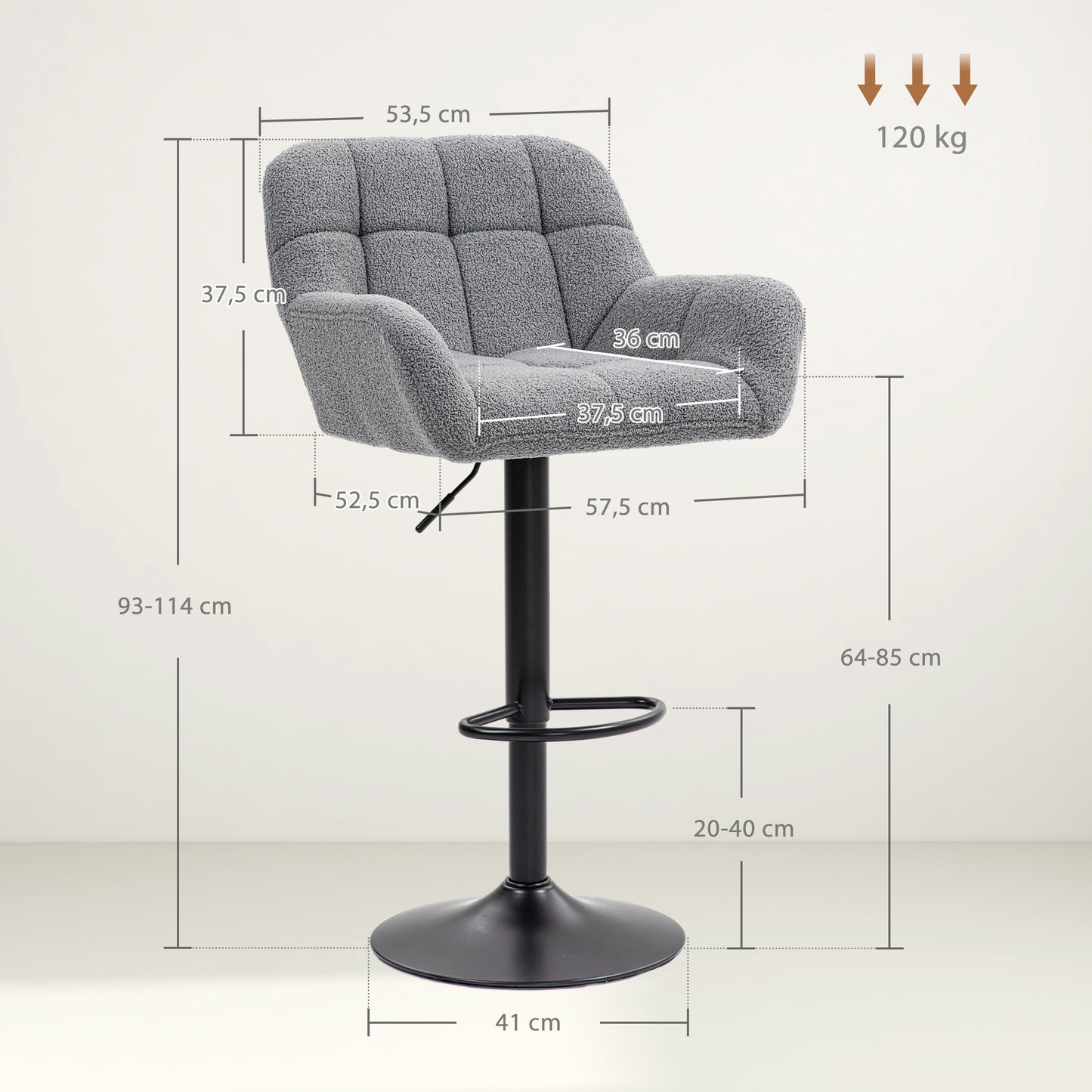 HOMCOM Barhocker 2er-Set Retro-Design höhenverstellbar Fleece-Optik Grau + Schwarz