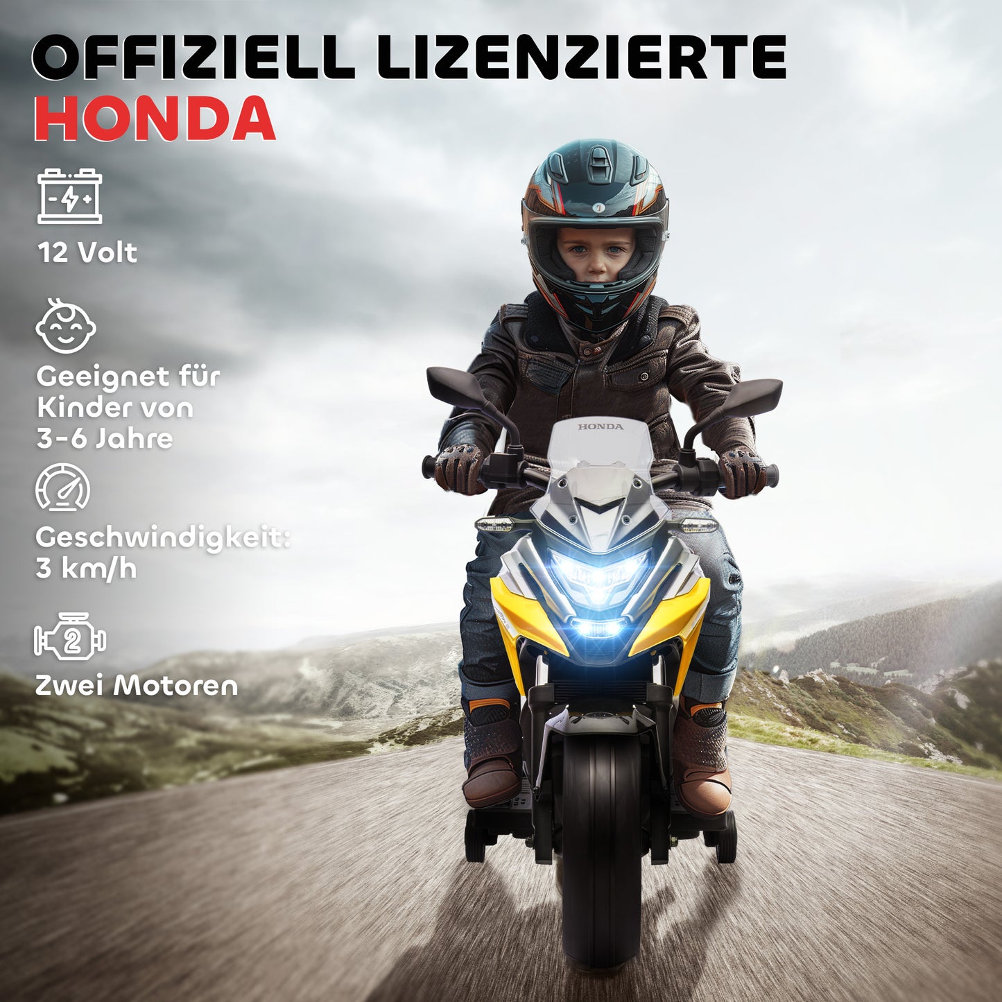 AIYAPLAY Elektro-Kindermotorrad, Honda, 3 km/h, Musik & Licht, 3-6 Jahre, bis 30 kg, Gelb