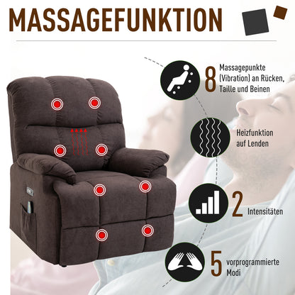 HOMCOM Relaxsessel mit Aufstehhilfe, 160° verstellbare Rückenlehen, Massage- und Wärmefunktion, 83 cm x 95 cm x 105 cm, Braun