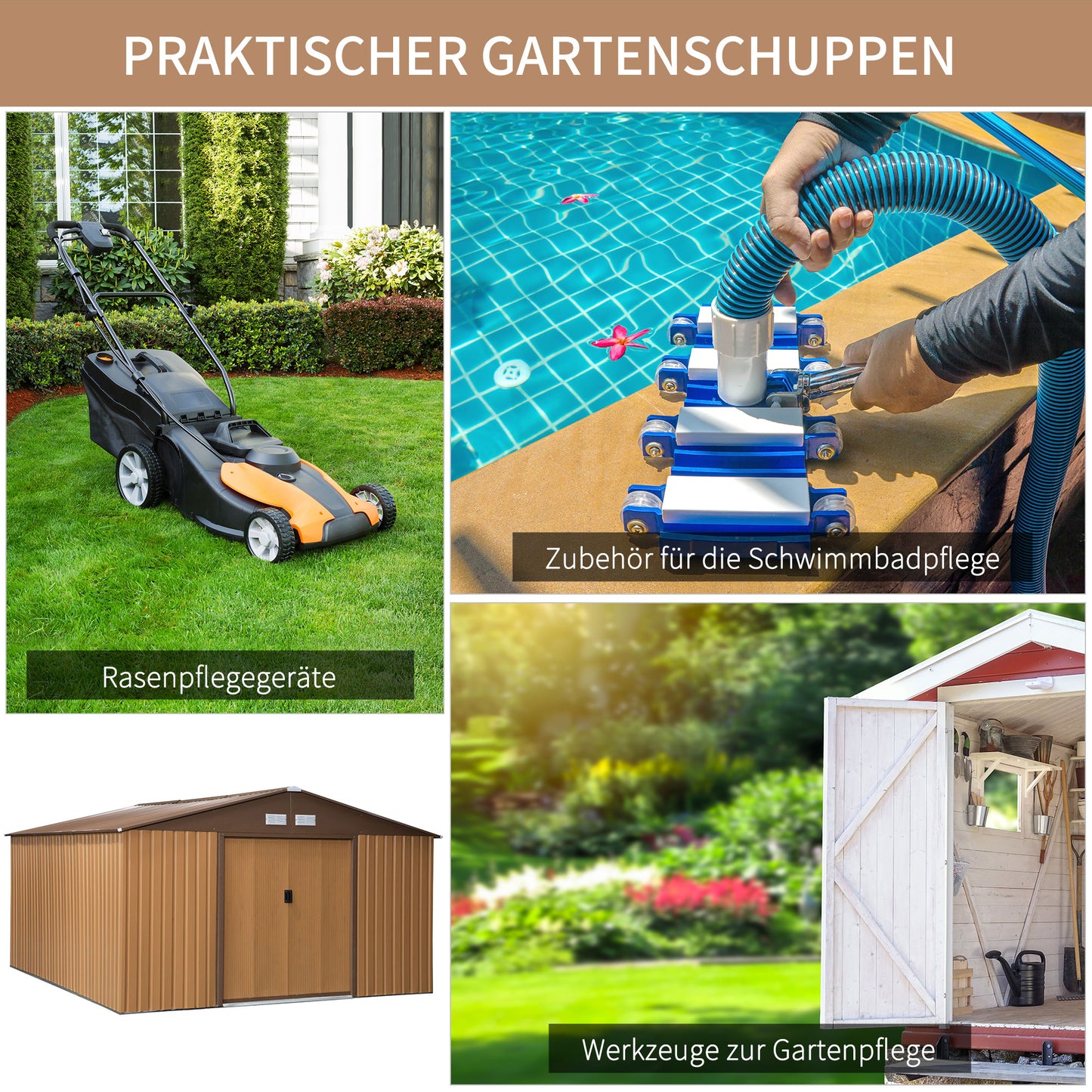 Outsunny Stahl Gerätehaus 20m³ Geräteschuppen Gartenhaus Fahrradschuppen Garten Schuppen Braun 340 x 386 x 200 cm