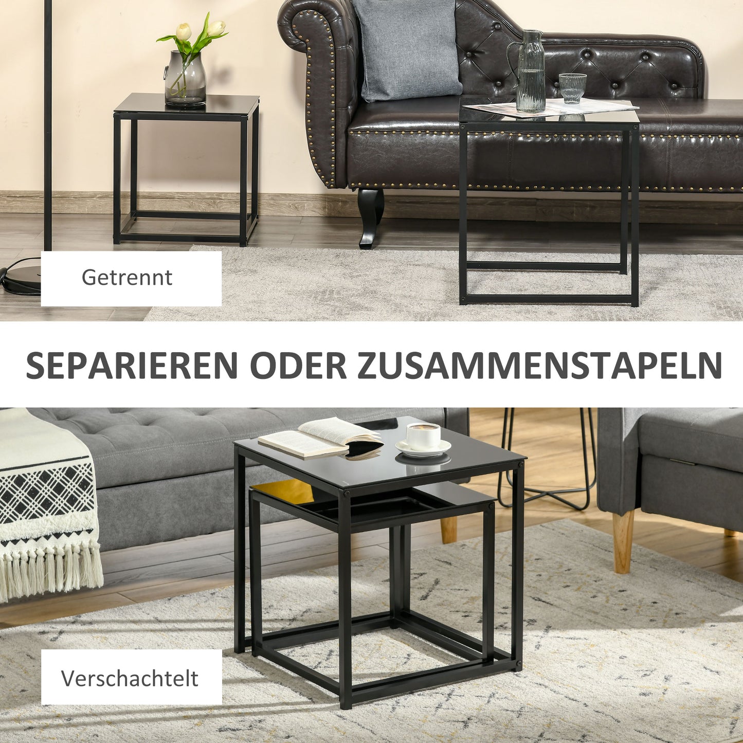 HOMCOM 2er-Set Beistelltische, modernes Design, stapelbar, Glastisch, Schwarz