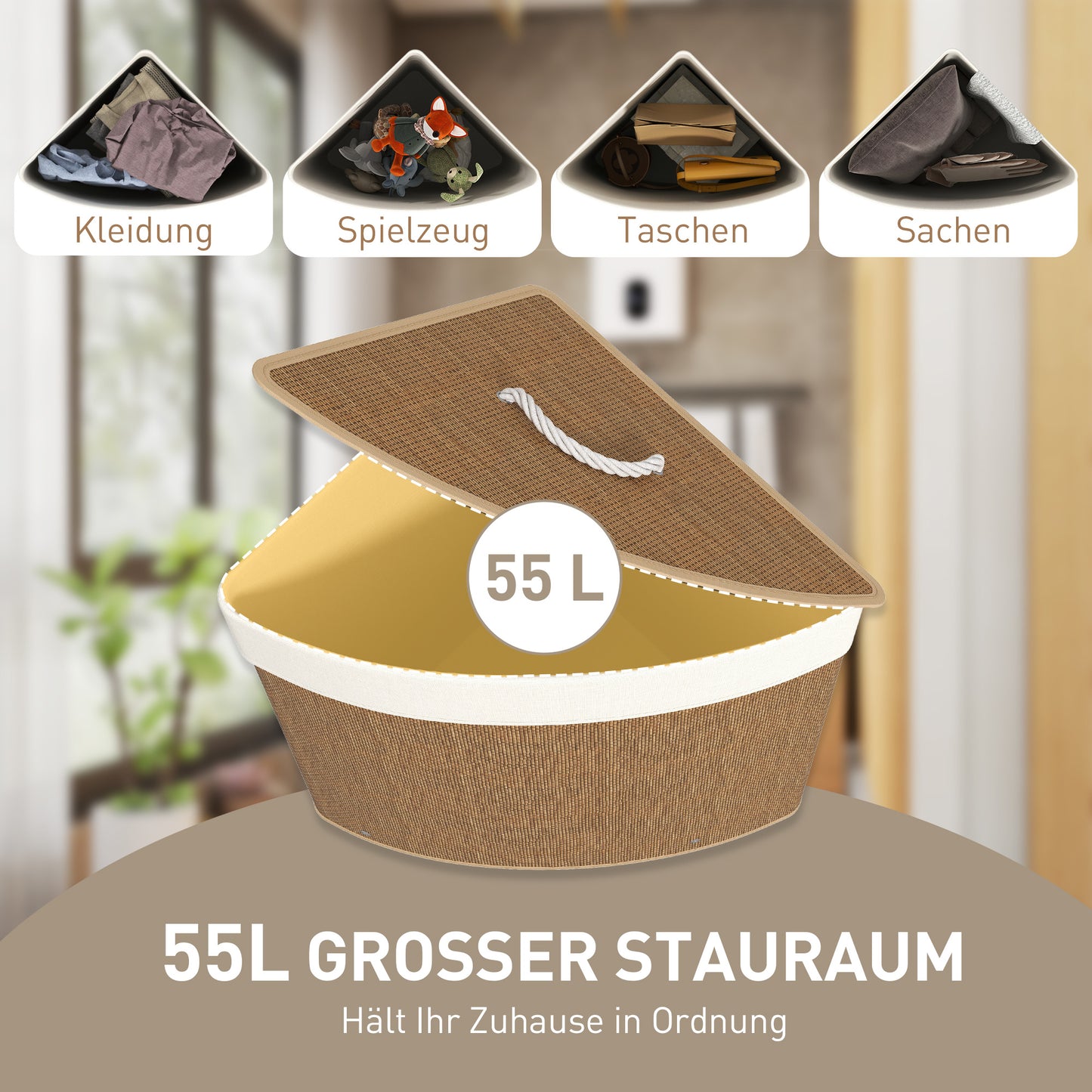 HOMCOM Wäschekorb im Eckdesign, Bambusgeflecht, 55 Liter, Stoffbeutel, Metallrahmen, Braun