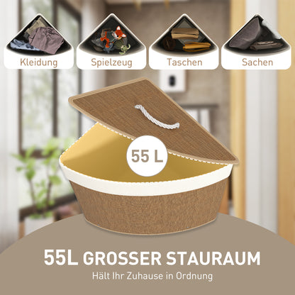 HOMCOM Wäschekorb im Eckdesign, Bambusgeflecht, 55 Liter, Stoffbeutel, Metallrahmen, Braun