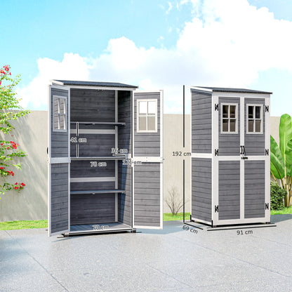 Outsunny Gartenlagerschuppen, Werkzeugschuppen mit 2 Fenstern, Bodenpfähle, Asphalt-Dach, 91 x 69 x 192 cm, Tannenholz, Hellgrau