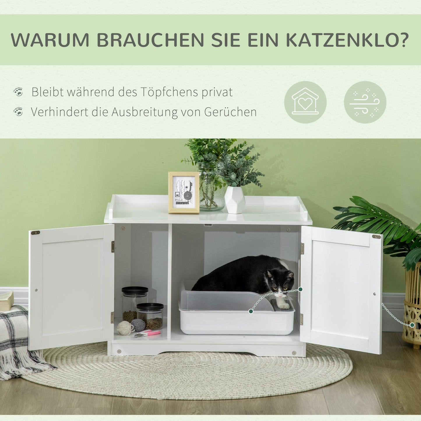 PawHut Katzentoilette, Katzenhaus, mit Trennwand, magnetisk dubbeltür, seitlicher Ablage, vit, 86 x 48 x 52cm