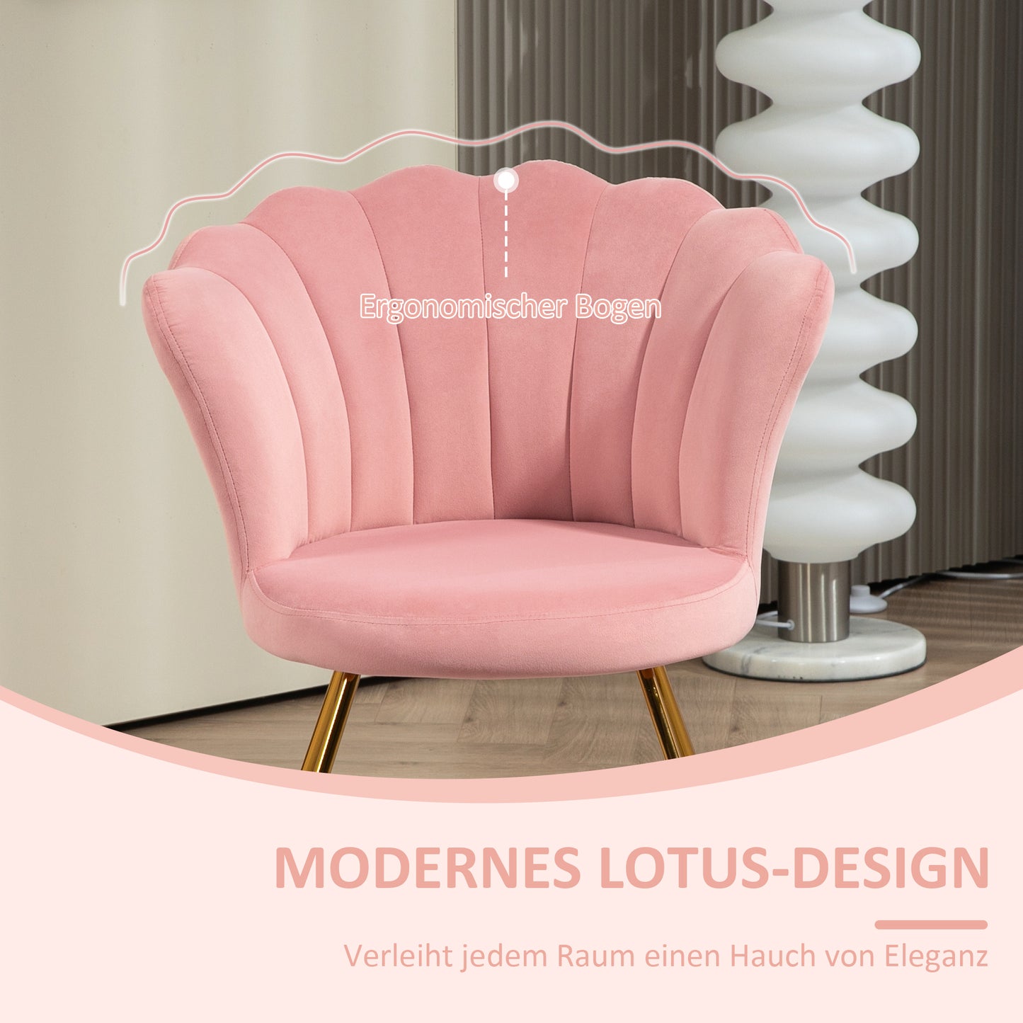 HOMCOM Polsterstuhl, Akzentstuhl mit Rückenlehne im Lotus-Design, Metallbeine, Rosa