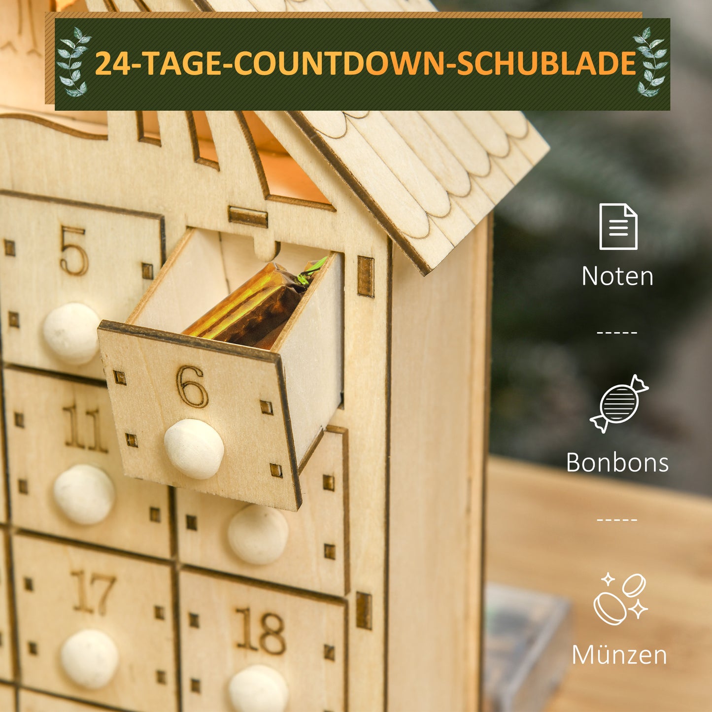 HOMCOM Adventskalender mit LED-Beleuchtung, 24 Schubladen, Krippenszene, 26,6x6x30 cm, Holzoptik