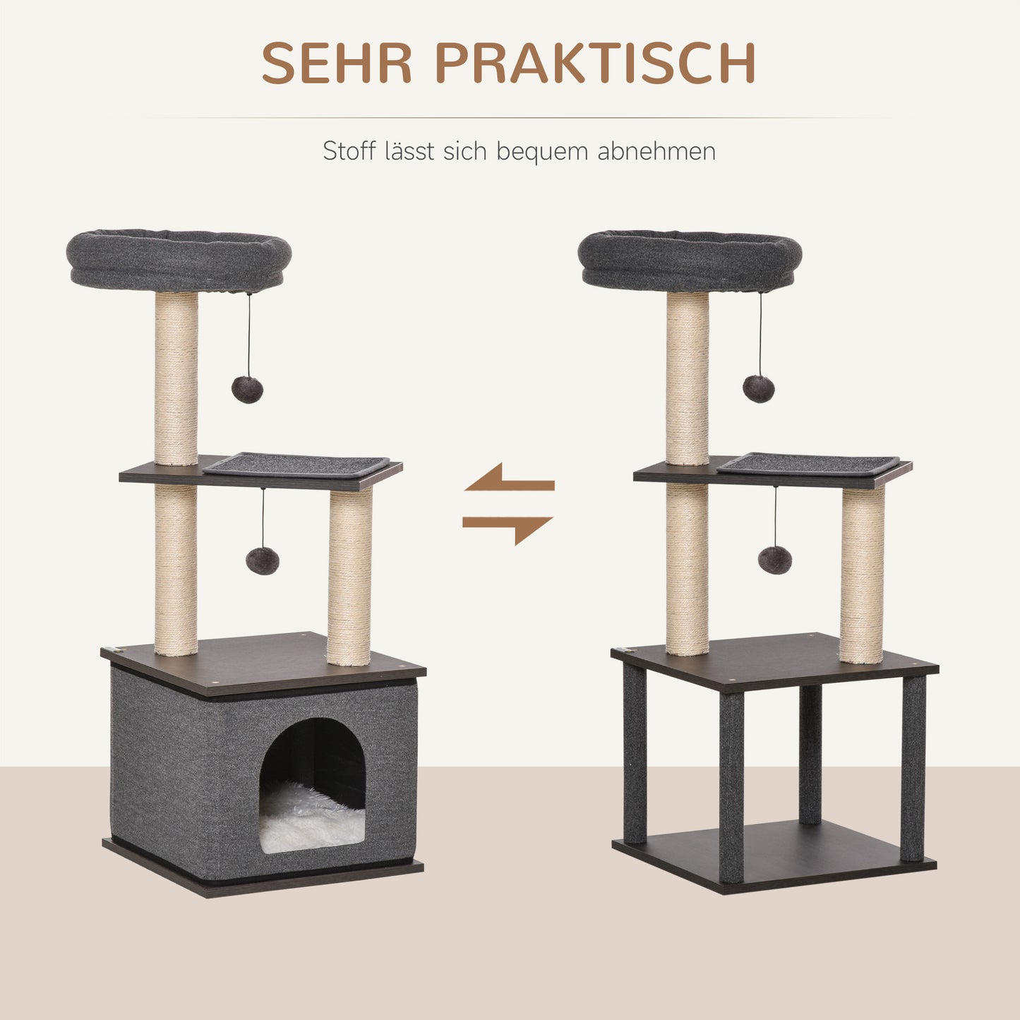 PawHut Katzenkratzbaum Katzenspielzeug Kletterbaum Spielmöglichkeiten Spielsisal Spielseil PB-Platte Sisal Dunkelgrau 40 x 40 x 104 cm