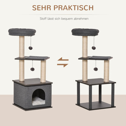 PawHut Katzenkratzbaum Katzenspielzeug Kletterbaum Spielmöglichkeiten Spielsisal Spielseil PB-Platte Sisal Dunkelgrau 40 x 40 x 104 cm