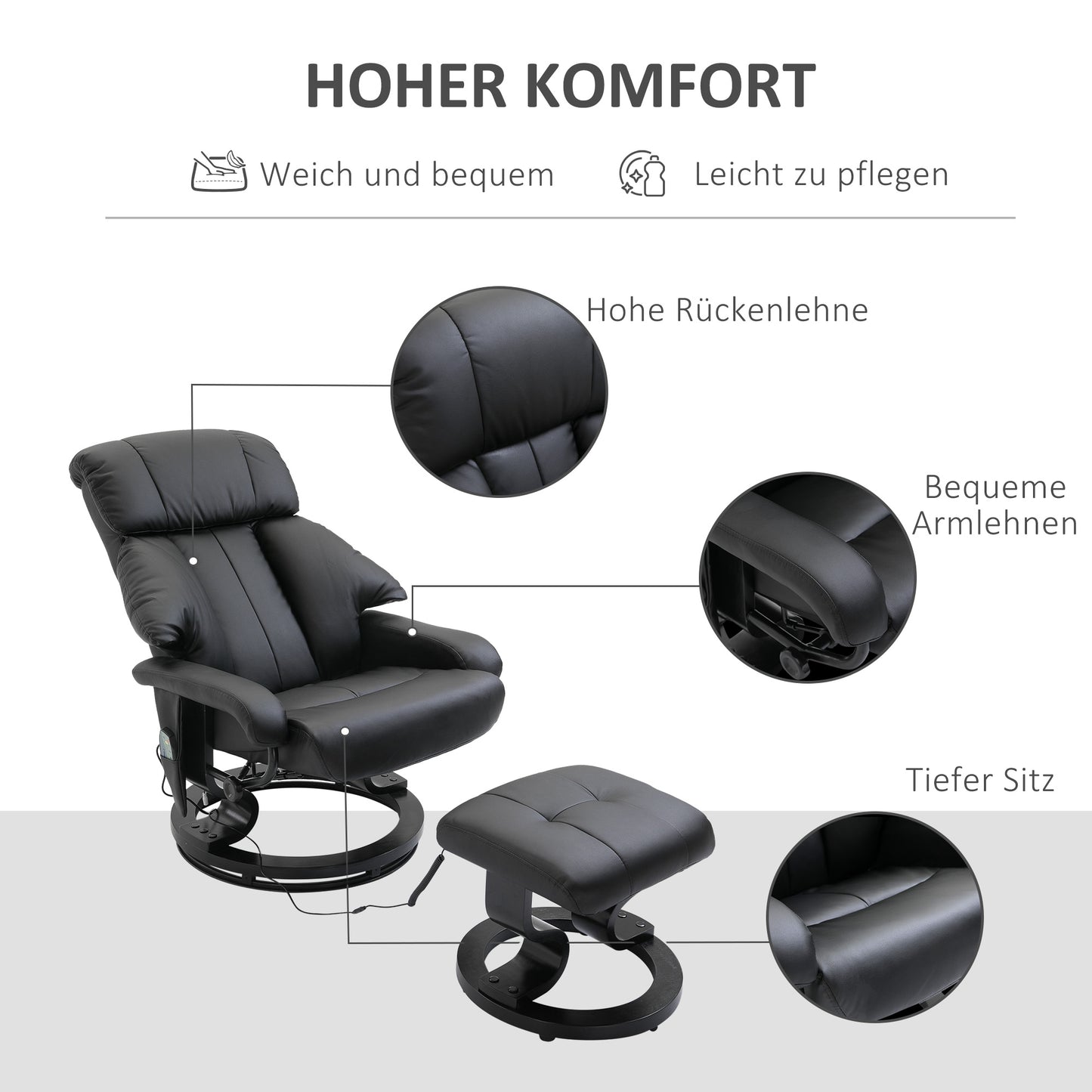HOMCOM Massagesessel mit Fußhocker, 10 Vibrationspunkte, 145° verstellbare Rückenlehne, Schwarz