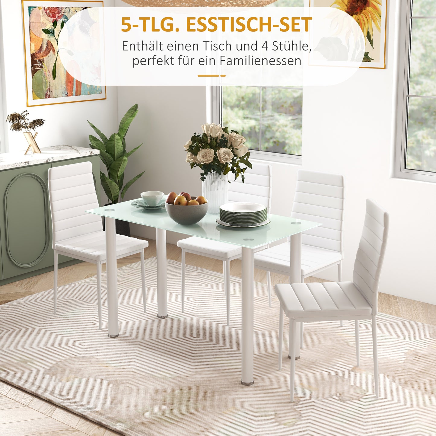 HOMCOM 5-tlg. Essgruppe Sitzgruppe Esstisch mit 4 Stühlen, modernes Design, Glastisch, Weiß
