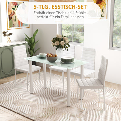 HOMCOM 5-tlg. Essgruppe Sitzgruppe Esstisch mit 4 Stühlen, modernes Design, Glastisch, Weiß