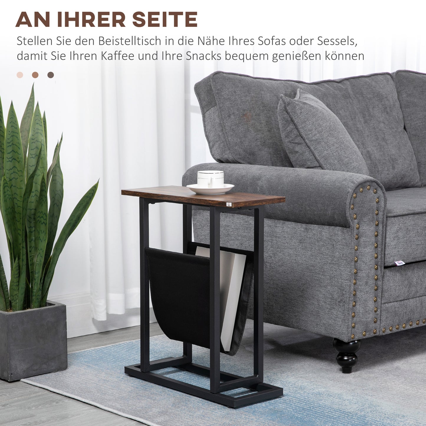 HOMCOM Beistelltisch, Nachttisch, schmales Design, mit Stofftasche, Stahl, dunkelbraun+schwarz, 49 x 19 x 55cm