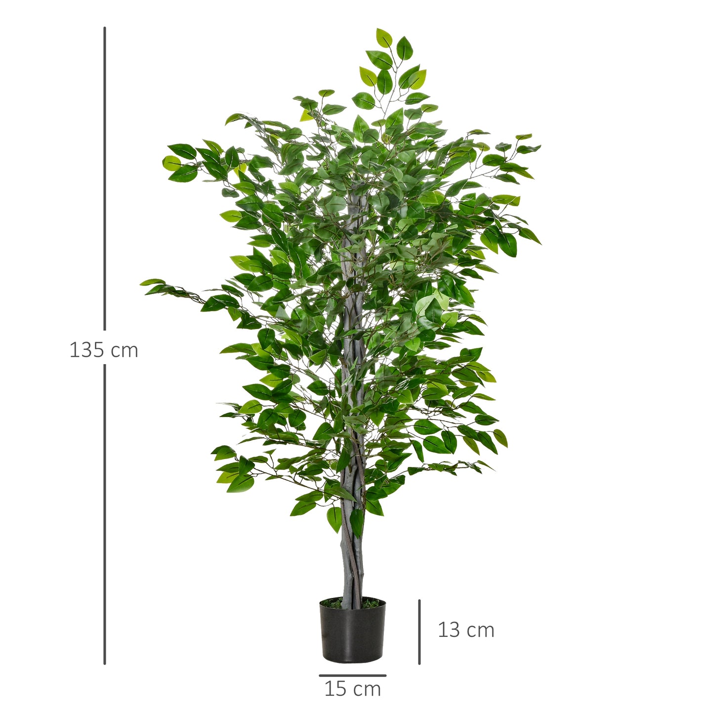 HOMCOM Künstlicher Baum, Ficus-Kunstpflanze, realistisches Aussehen, Zementtopf, 135 cm, pflegeleicht, Kunststoff, Grün