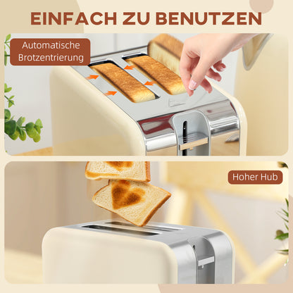 HOMCOM Wasserkocher- und Toaster-Set, 2200W, 7 Bräunungsstufen, versch. Funktionen, Creme