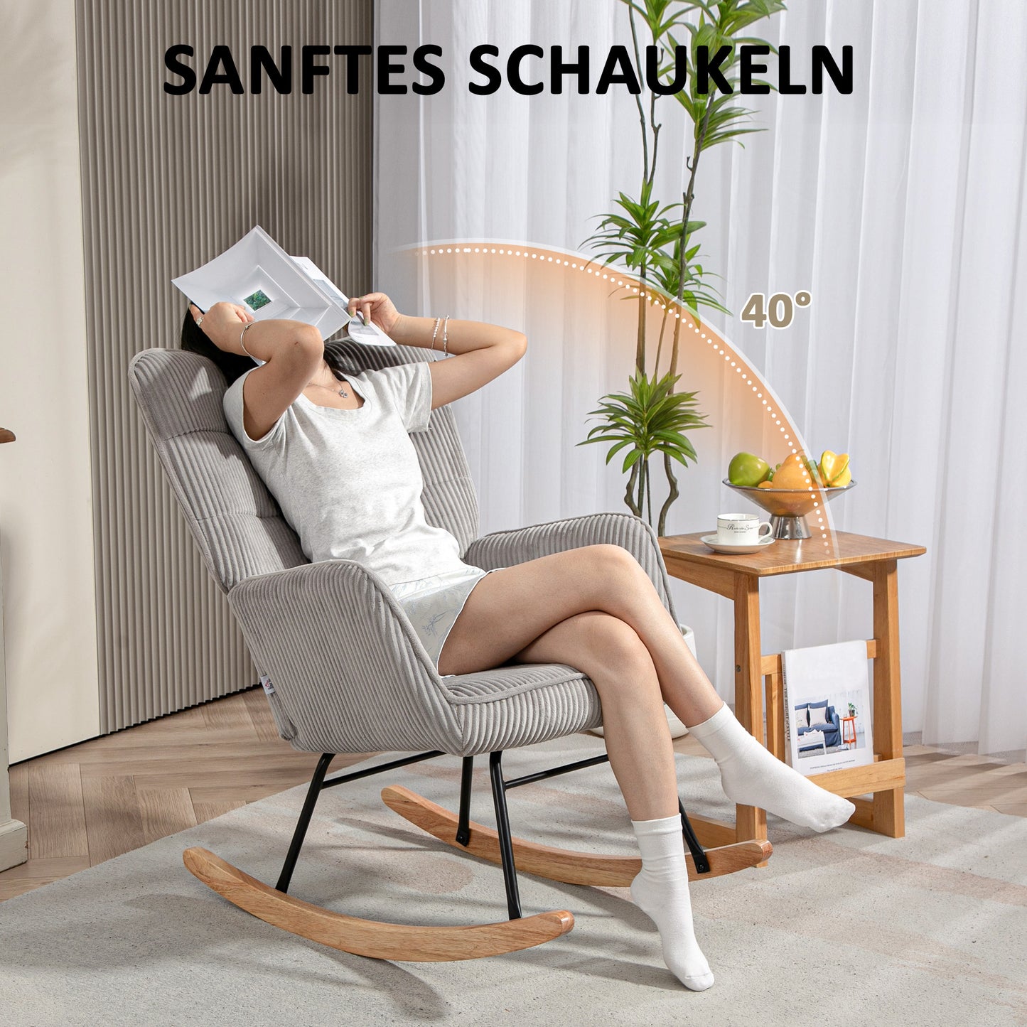 HOMCOM Vintage Schaukelstuhl, geschwungene Kufen, dicke Polsterung, Buchenholz & Stahl, Hellgrau