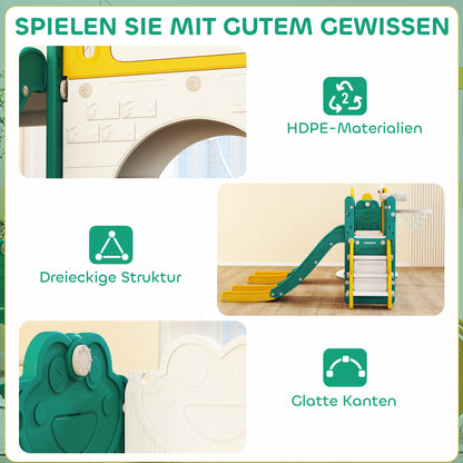 AIYAPLAY 9-in-1 Rutschen- und Schaukelset für Kleinkinder, mit Basketballkorb, Teleskop, Zeichenbrett, Frosch-Design, Gelb+Grün