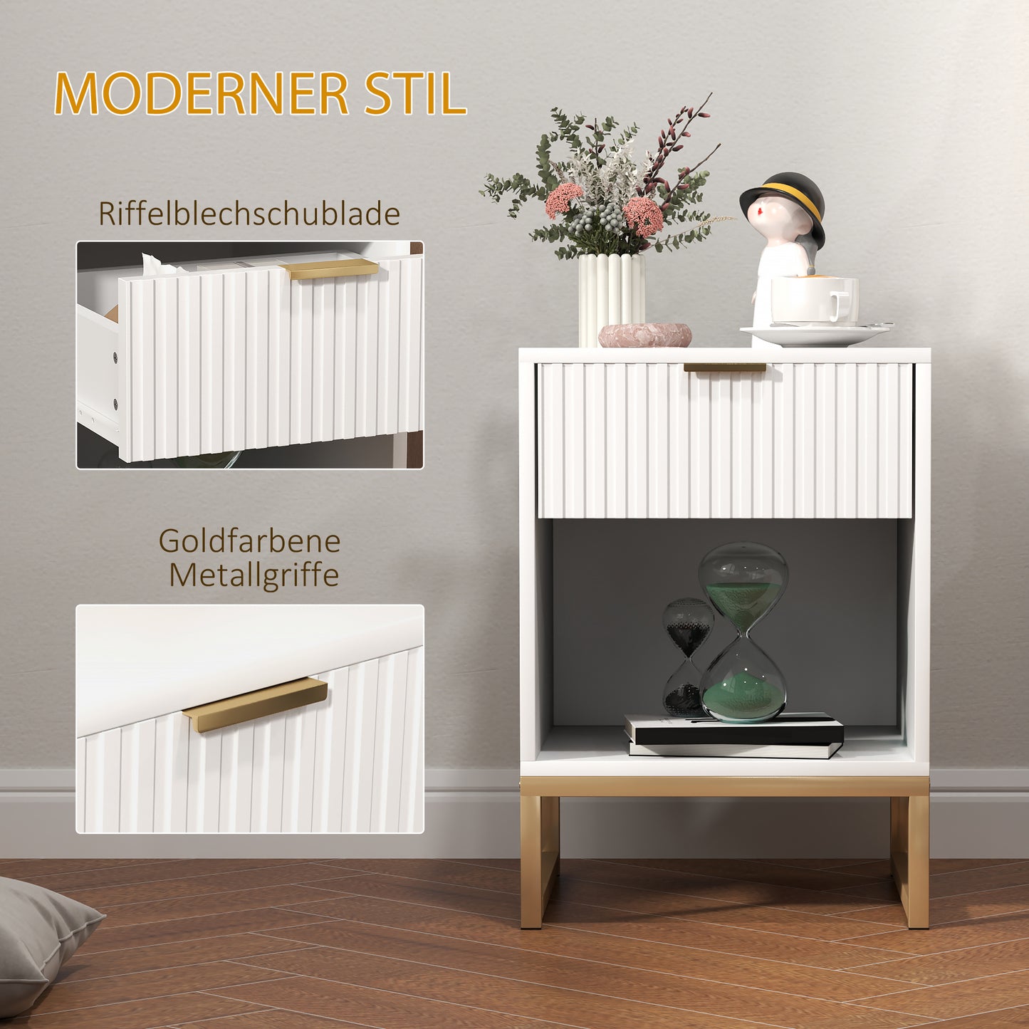 HOMCOM Nachttisch mit Schublade und Regal, Stauraum und Metallbeinen, für Schlafzimmer, Wohnzimmer, Weiß