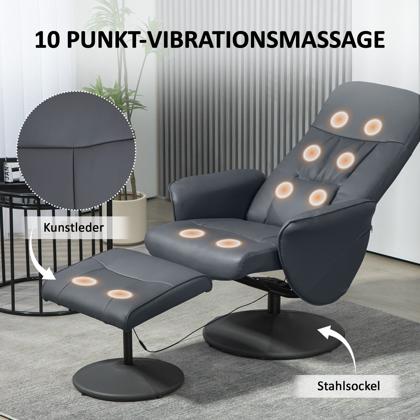 HOMCOM Massagesessel mit Fußhocker, Ergonomischer Stuhl mit 10 Vibrationspunkten, Kunstleder, 76 x 81 x 105 cm, Dunkelgrau