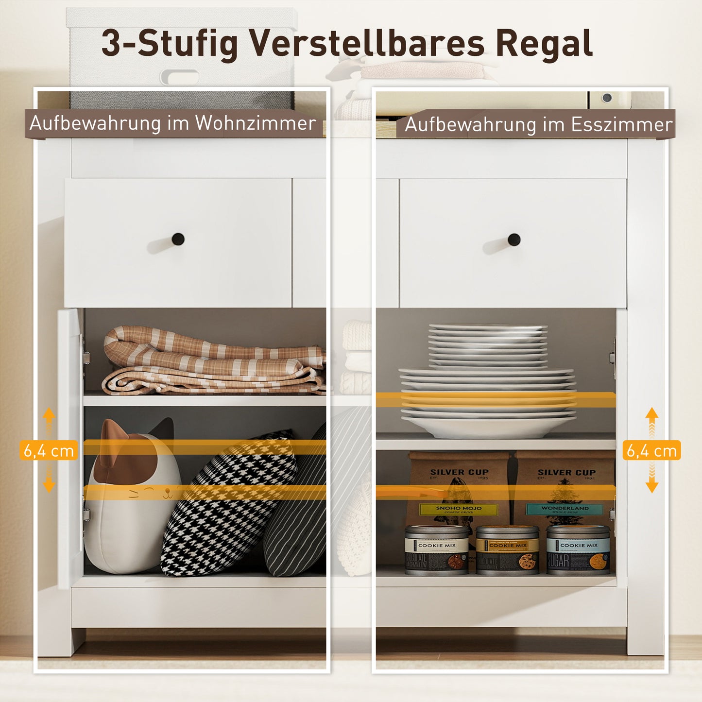 HOMCOM Kommode mit viel Stauraum, Sideboard mit Soft-Close-Türen, 2 Schubladen, verstellbares Regal, Weiß