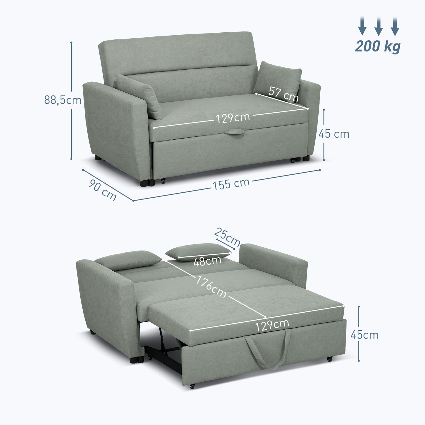 HOMCOM 2-Sitzer Sofa mit Bettfunktion, Verstellbarer Rückenlehne, Polstersofa, Samtoptik, für Wohnzimmer, Schlafzimmer, Hellgrau