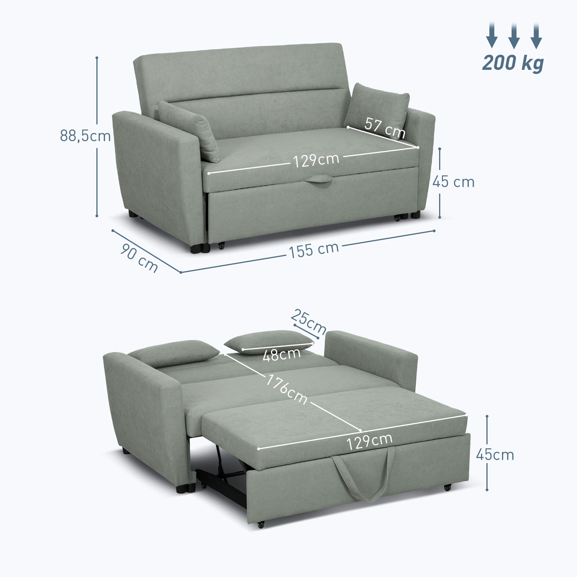 HOMCOM 2-Sitzer Sofa mit Bettfunktion, Verstellbarer Rückenlehne, Polstersofa, Samtoptik, für Wohnzimmer, Schlafzimmer, Hellgrau